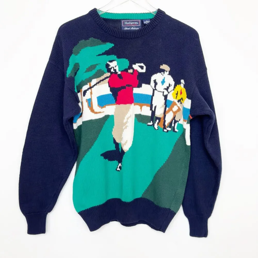 NWT Vintage Hathaway Golf Course Scene Navy Knit Sweater M